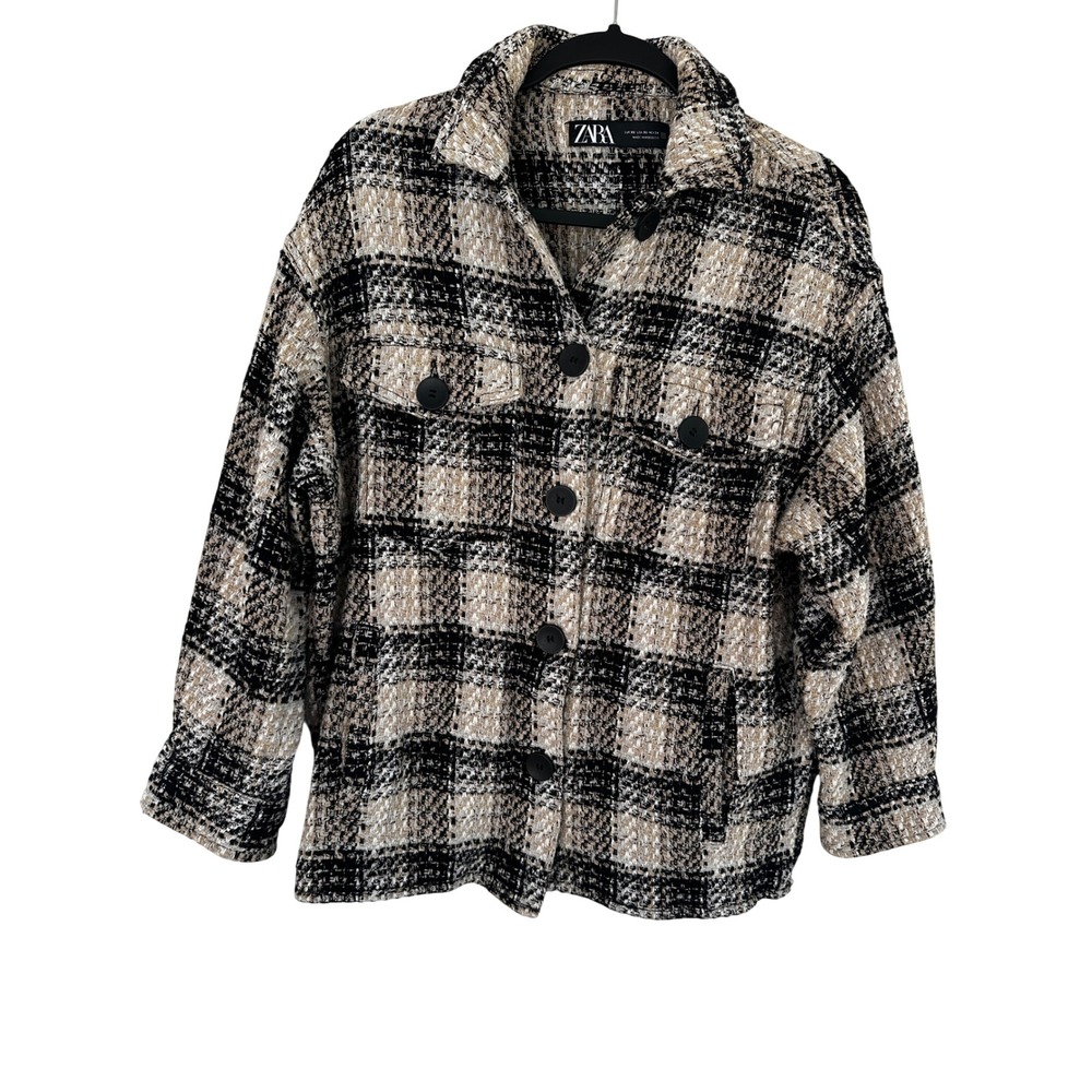 Zara Plaid Tweed Shirt Jacket Shacket Oversized Women XS
